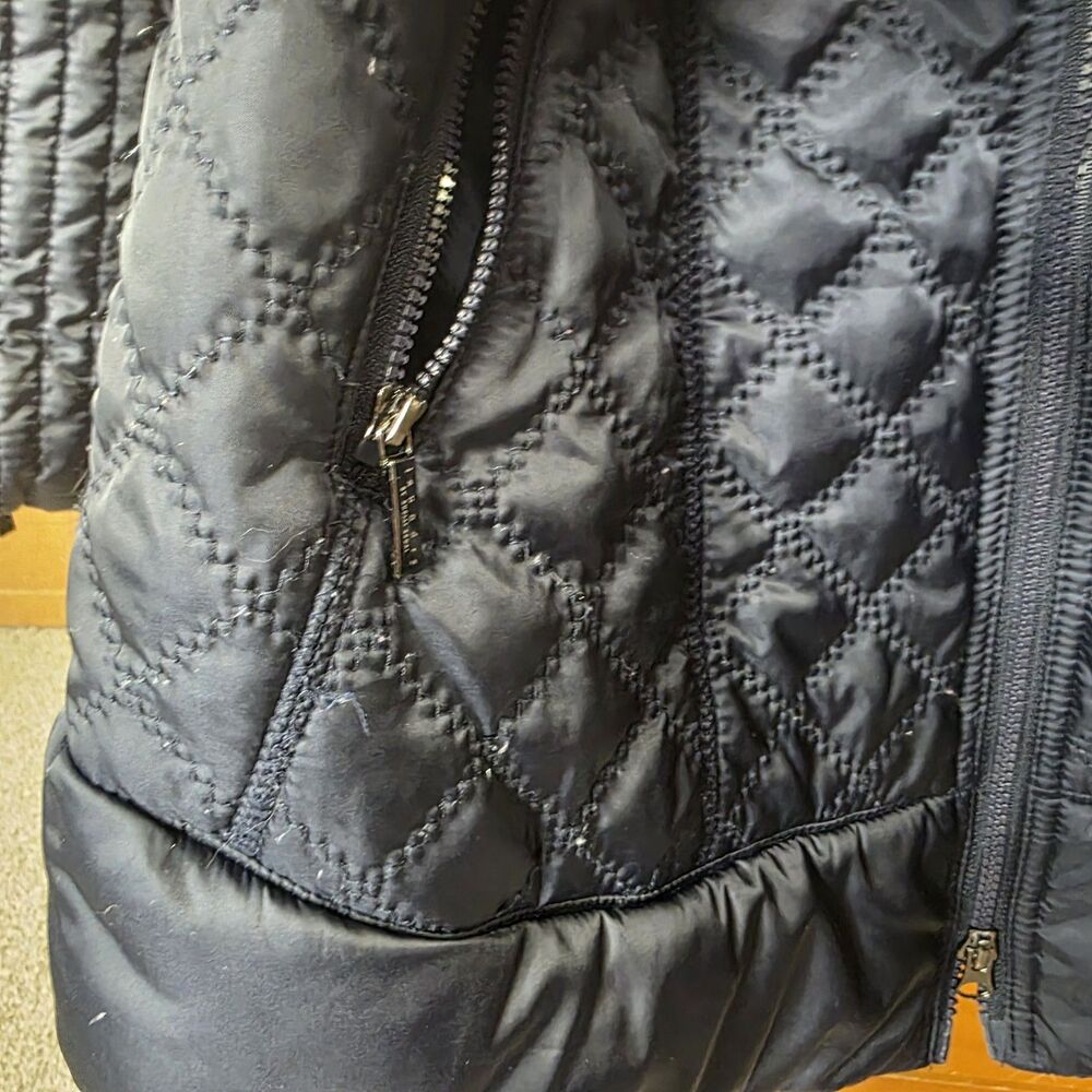 Laundry By Shelli Segal Quilted Jacket Coat Size Medium Navy Belted Hood Zip - Picture 8 of 16